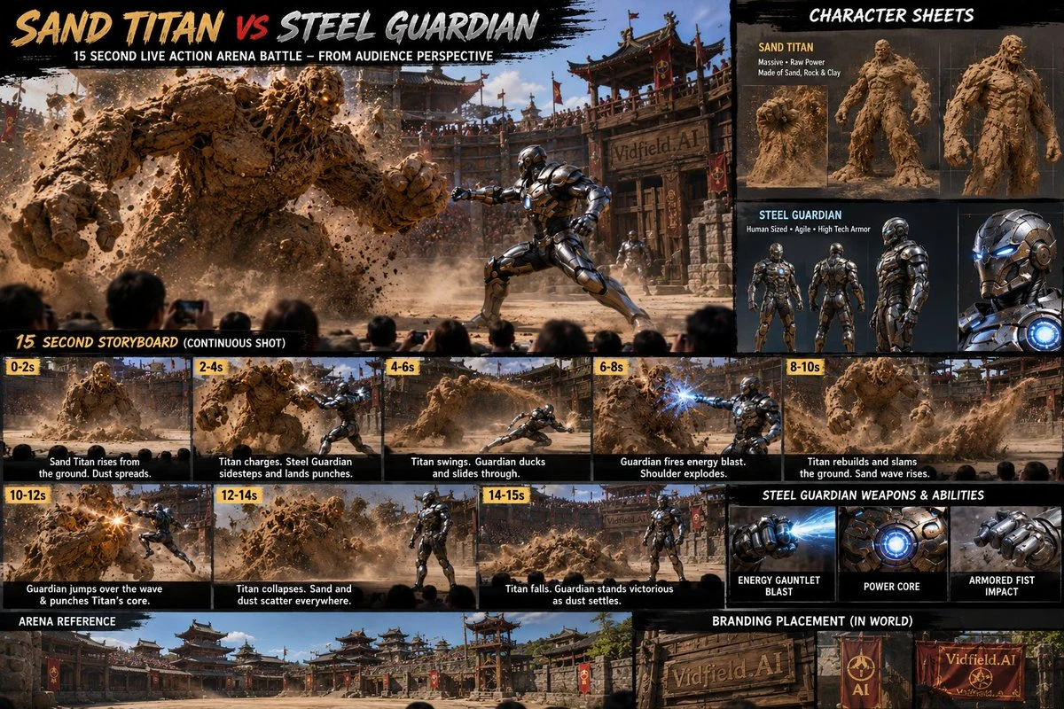 Pre-production character sheet with storyboard frames, pose references, design notes, and organized concept layout