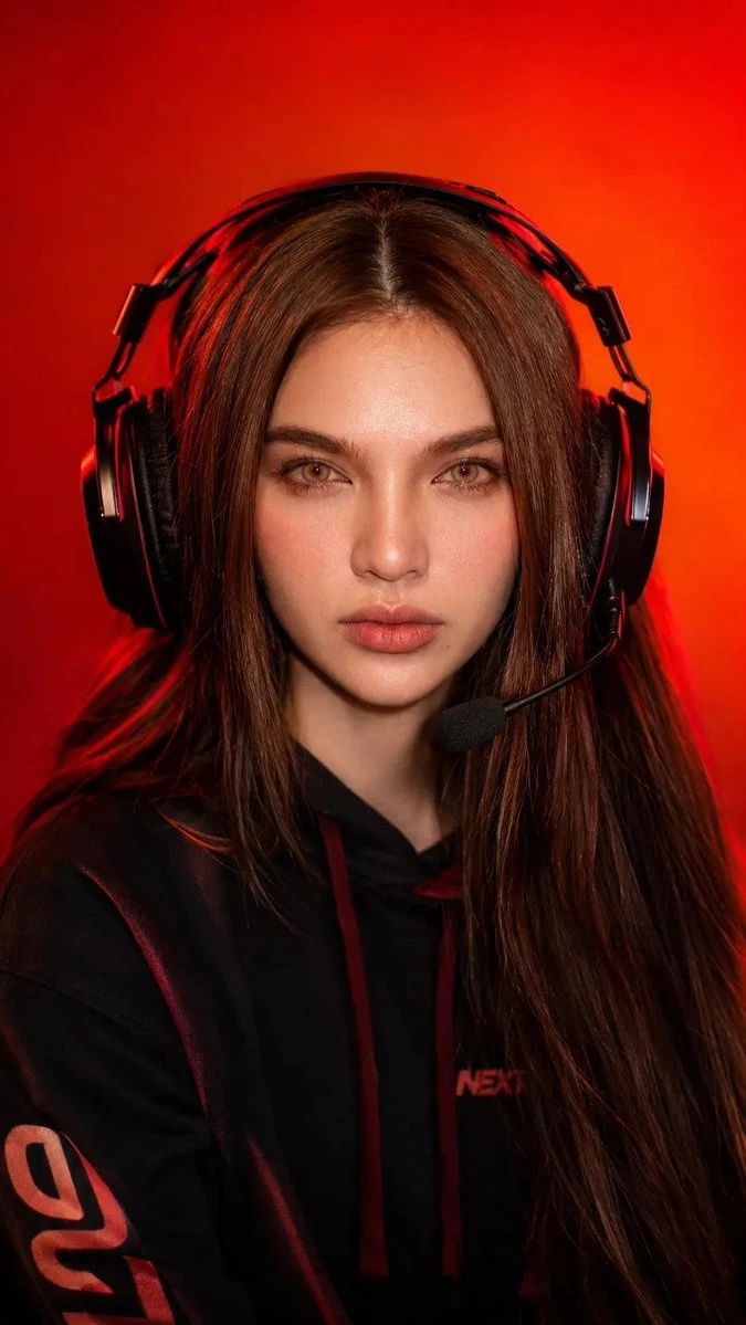 Professional female gamer studio portrait with large headset, polished lighting, and crisp esports-profile styling.