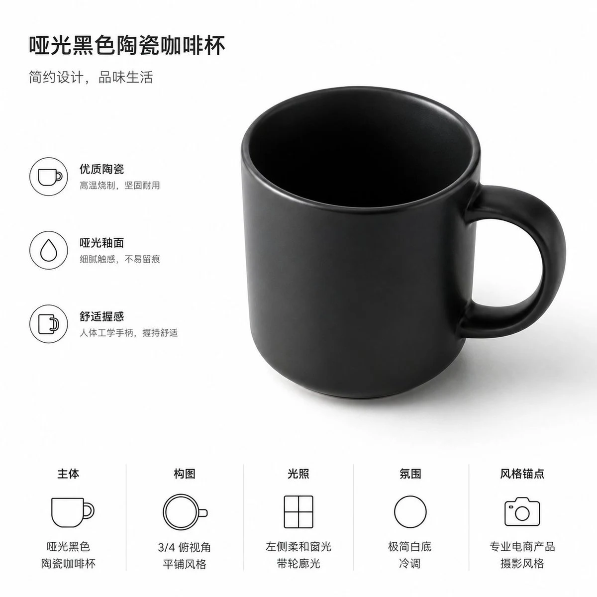 Professional product photograph of a matte black ceramic cup on a minimalist background with soft studio lighting.