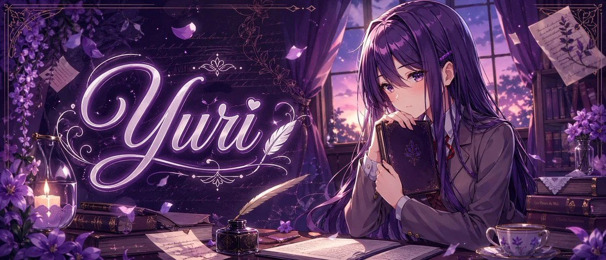 A teenage anime girl with deep violet hair sits at a wooden desk in a twilight literary room, holding a dark book and gazing introspectively
