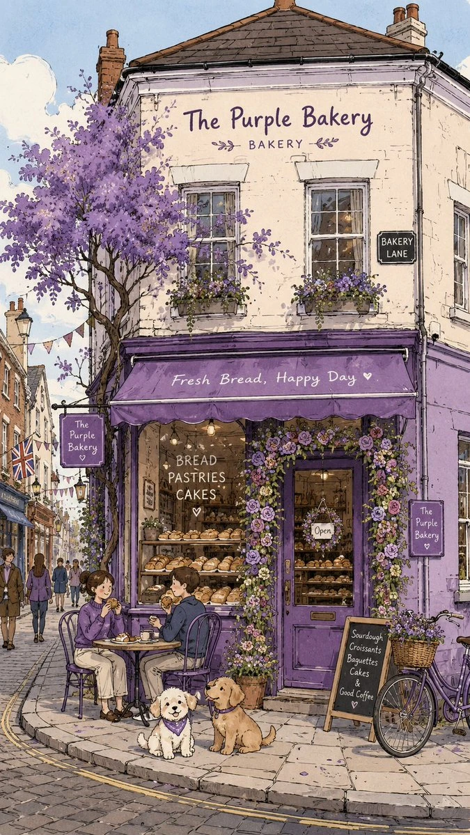 Storybook illustration of The Purple Bakery storefront with lavender trees, tiny cats and street details