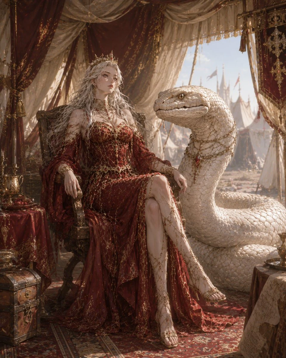 Queen and Albino Serpent: storyboard preview with sequential panels and cinematic scene planning.