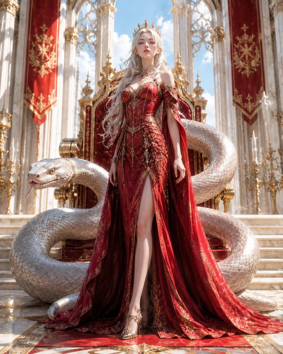 Fantasy queen in a red gown standing before a palace with a giant serpent coiled behind her