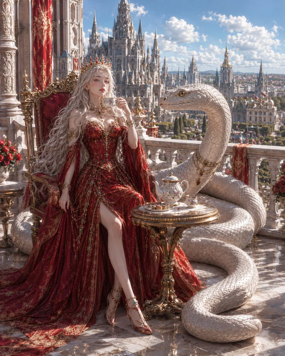 Queen and Snake Portrait with character-focused concept art, expressive styling and detailed illustration design