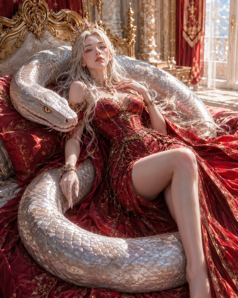 Queen Reclining With Silver Serpent with a scroll-ready composition, expressive subject and cinematic social post styling