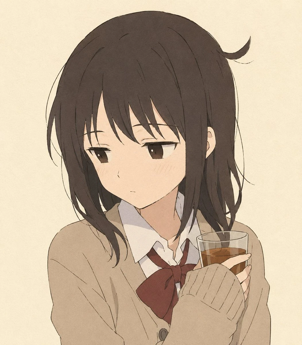 Quiet anime schoolgirl holding a checked teacup with a soft beige classroom-inspired palette
