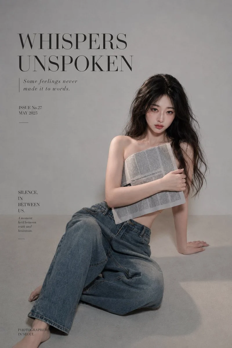 Quiet newspaper fashion cover with editorial portrait, restrained typography, and understated magazine styling