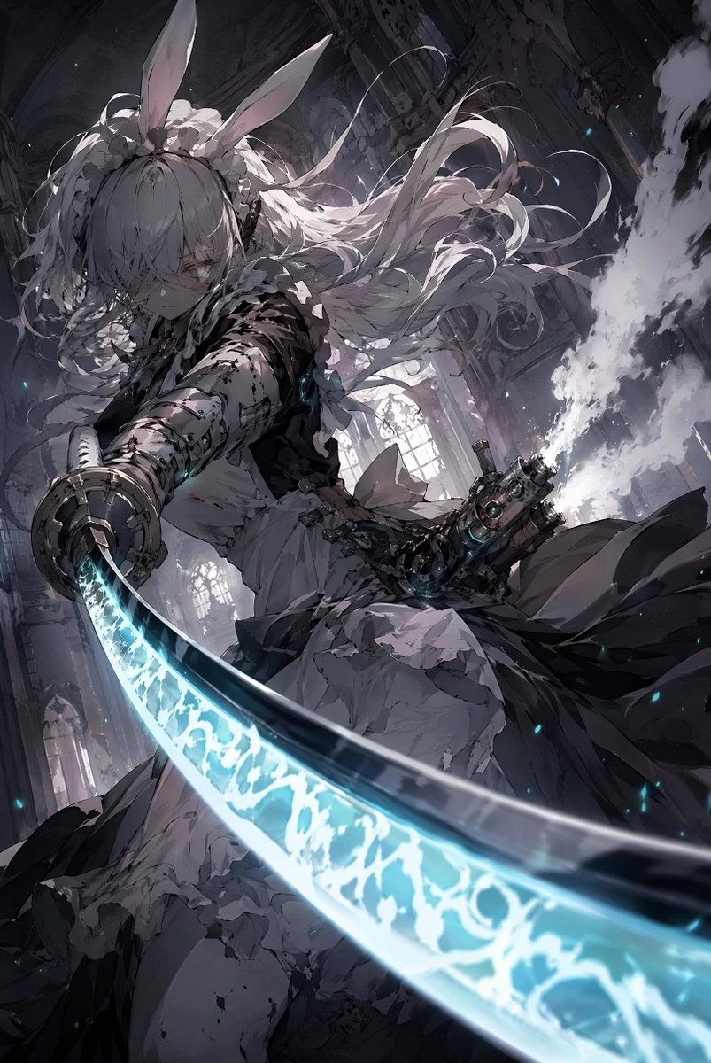 Rabbit-eared swordswoman standing in a ruined cathedral, with fantasy armor, weapon detail, and dramatic stained-glass light.