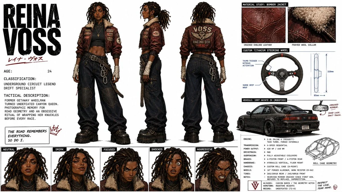 GPT Image 2 prompt example showing a racing character model sheet with turnaround poses, expressions, and gear callouts