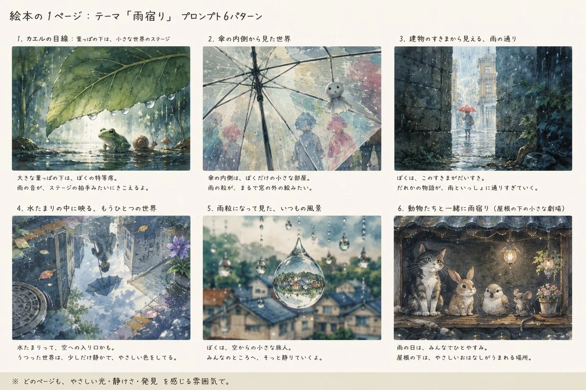 Picture-book layout with six soft rain-shelter scenes and Japanese notes arranged in a clean grid