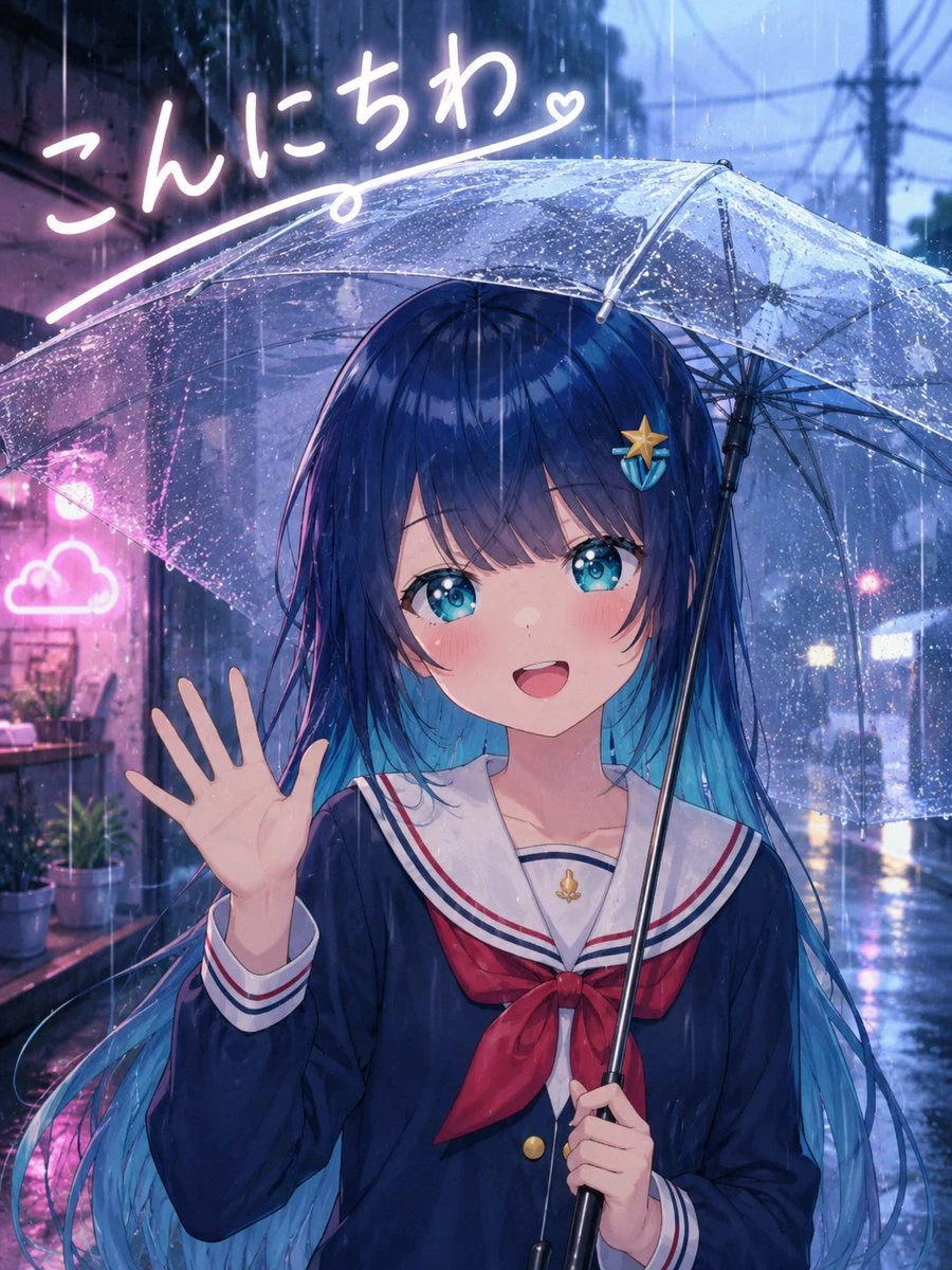 Rainy anime schoolgirl greeting portrait with cheerful expression, wet-weather atmosphere, and polished character illustration.