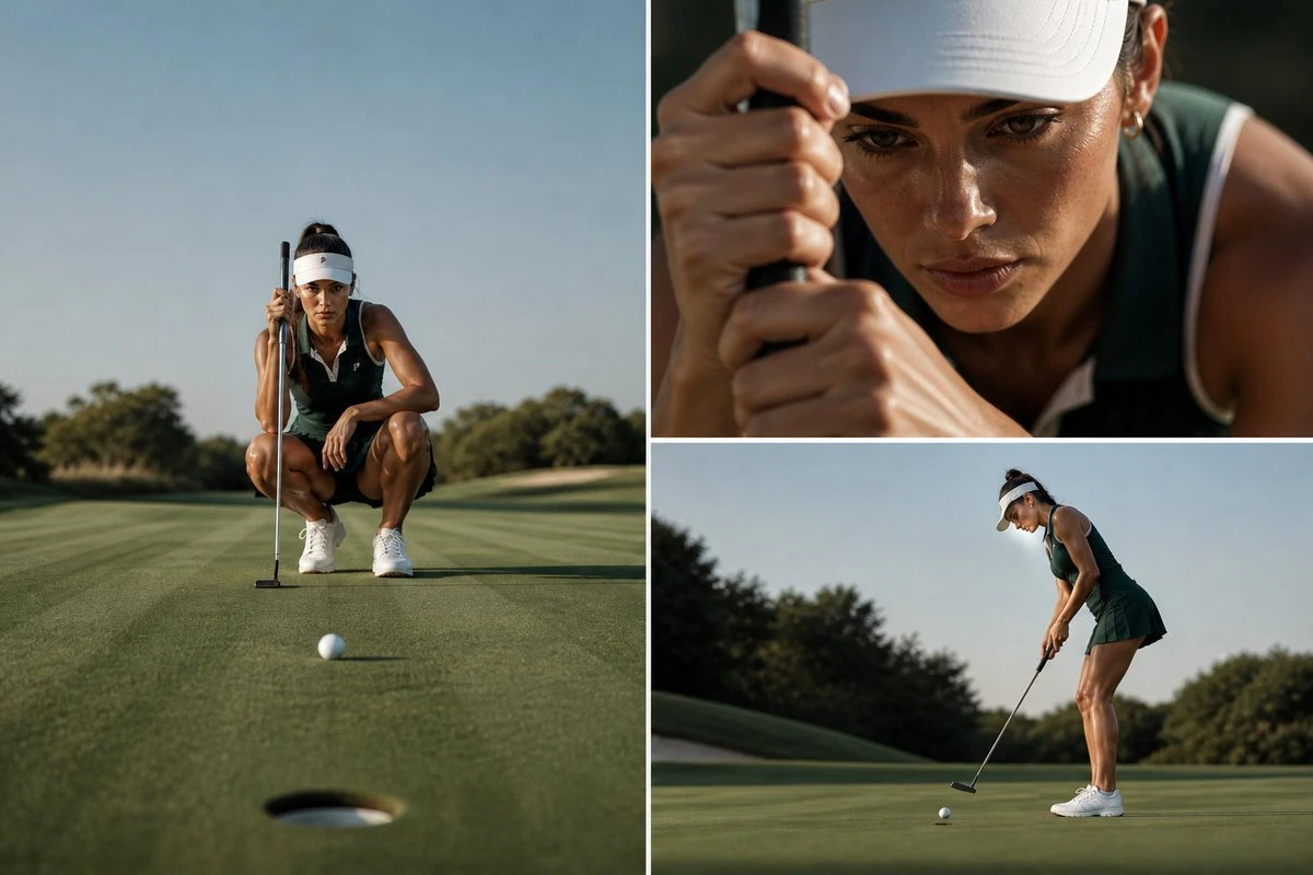 A focused golfer in a green outfit crouches on the putting green, preparing to make a shot under bright sunlight