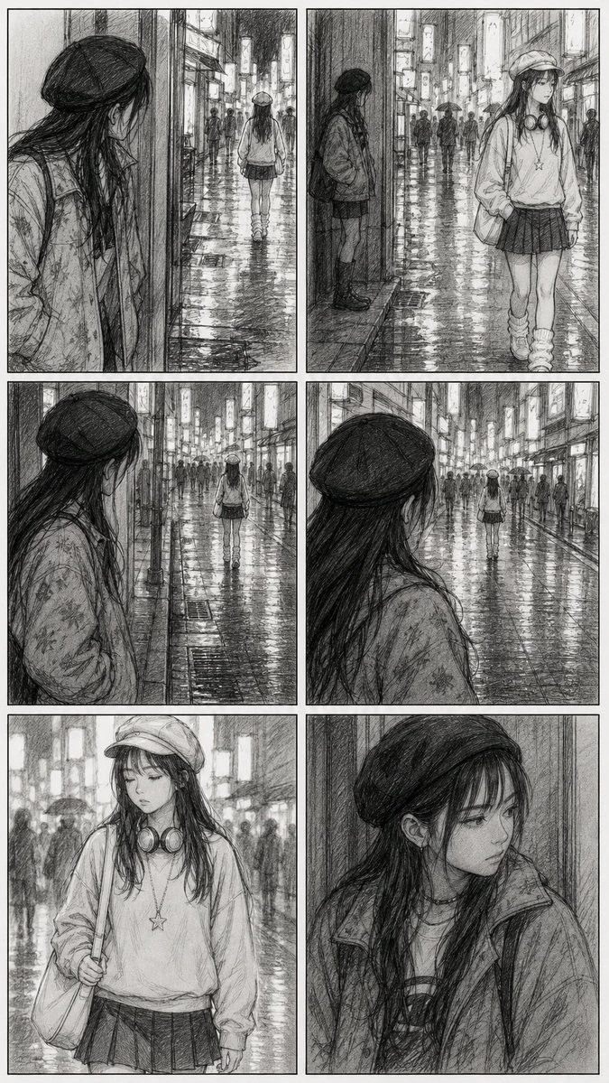 Black-and-white manga storyboard of a rainy city scene with umbrellas, tall panels and expressive close-ups