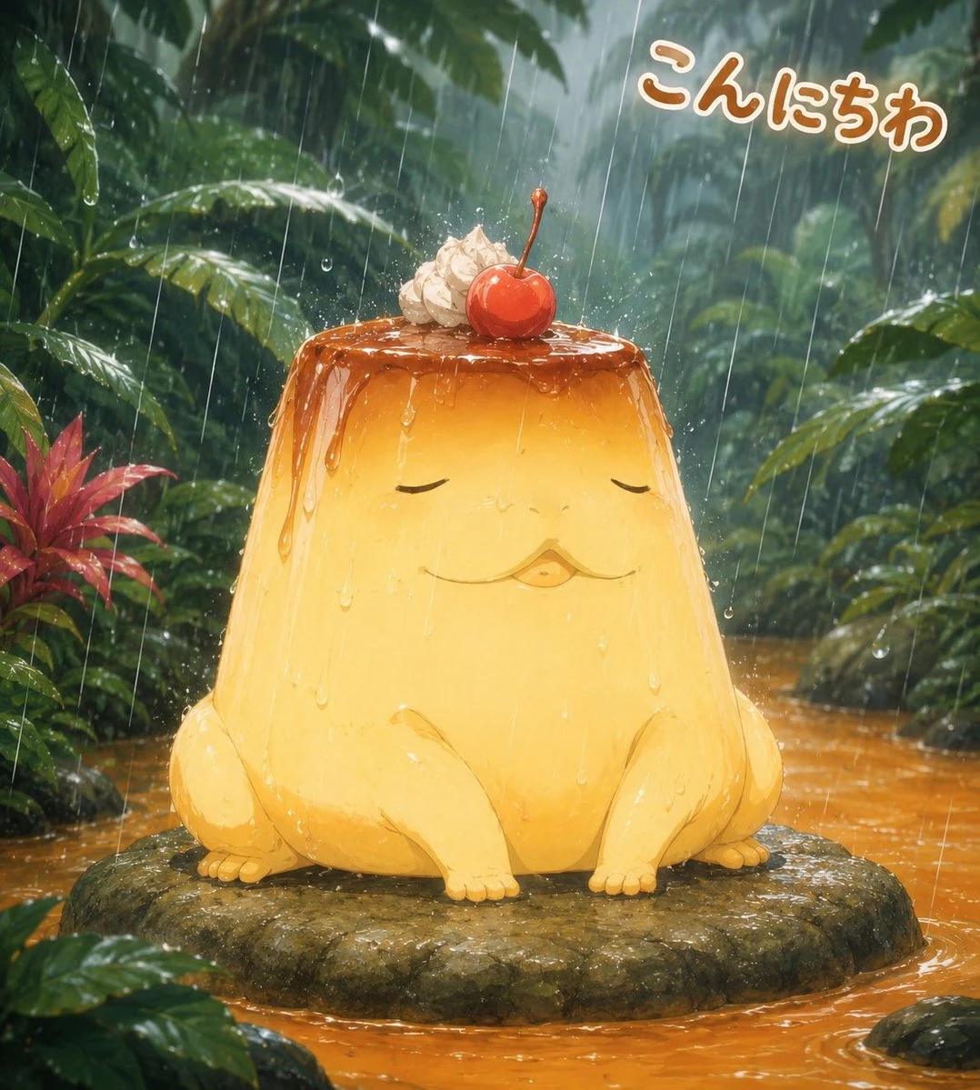 Cute pudding frog mascot sitting on a mossy jungle rock in heavy rain, rendered with whimsical anime character styling.