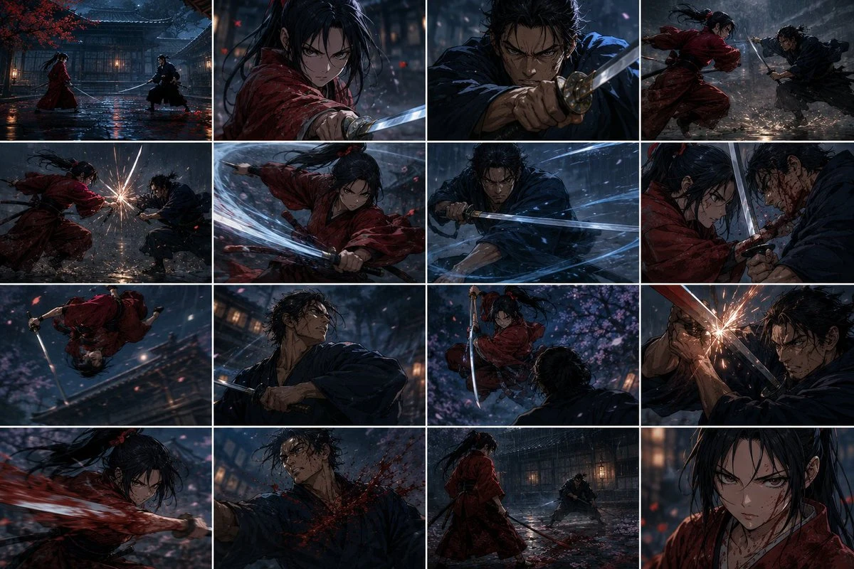 Rainy samurai duel storyboard with sequential action panels, dramatic weather, and cinematic anime composition