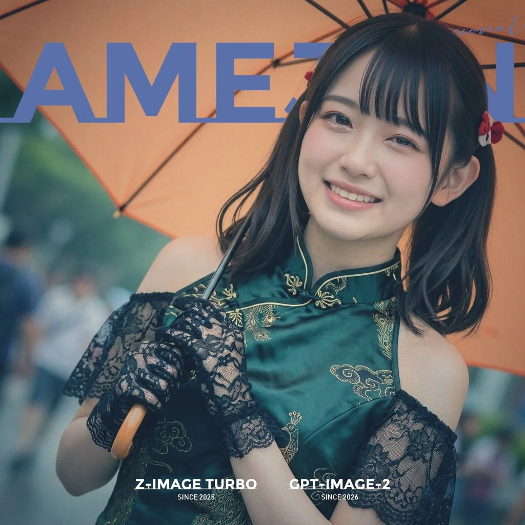 Smiling young woman in an emerald qipao holding an orange umbrella on a rainy fashion magazine cover with cinematic editorial lighting