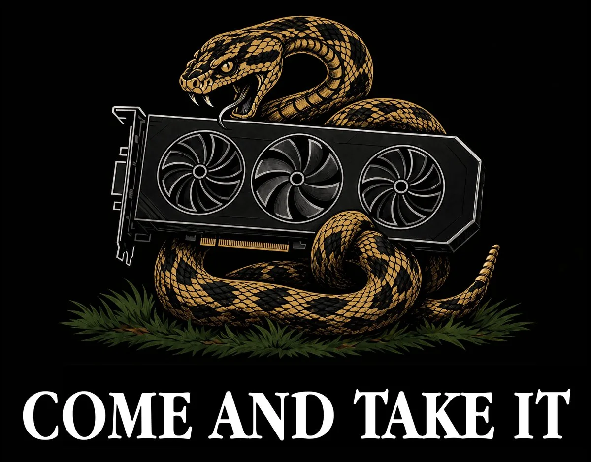 Vintage flag-style rattlesnake graphic wrapped around a triple-fan GPU with high-contrast screen-print texture and bold slogan text