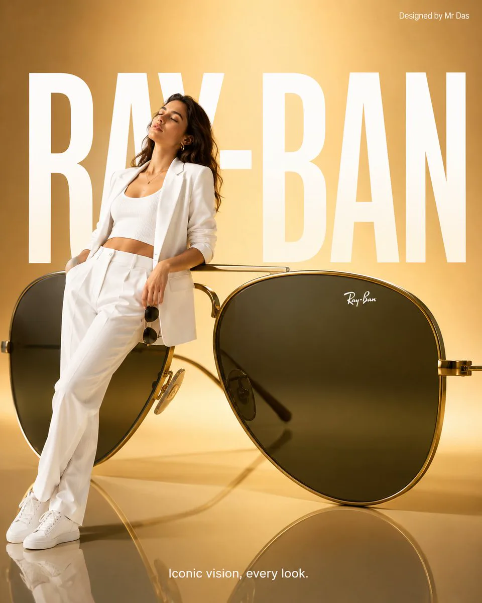 Golden Ray-Ban Aviator ad with a woman in a white suit leaning against oversized sunglasses and bold background logo text