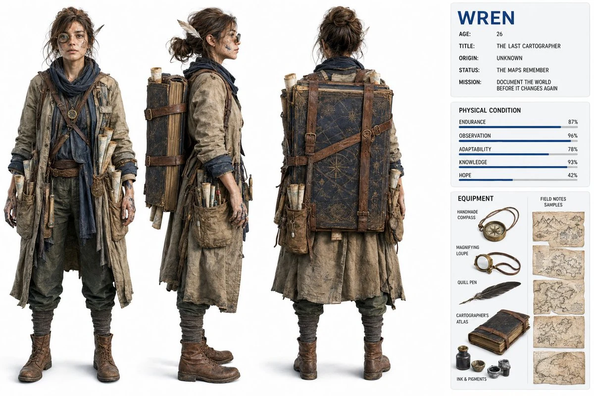 Realistic Cartographer Character Design Sheet storyboard visual