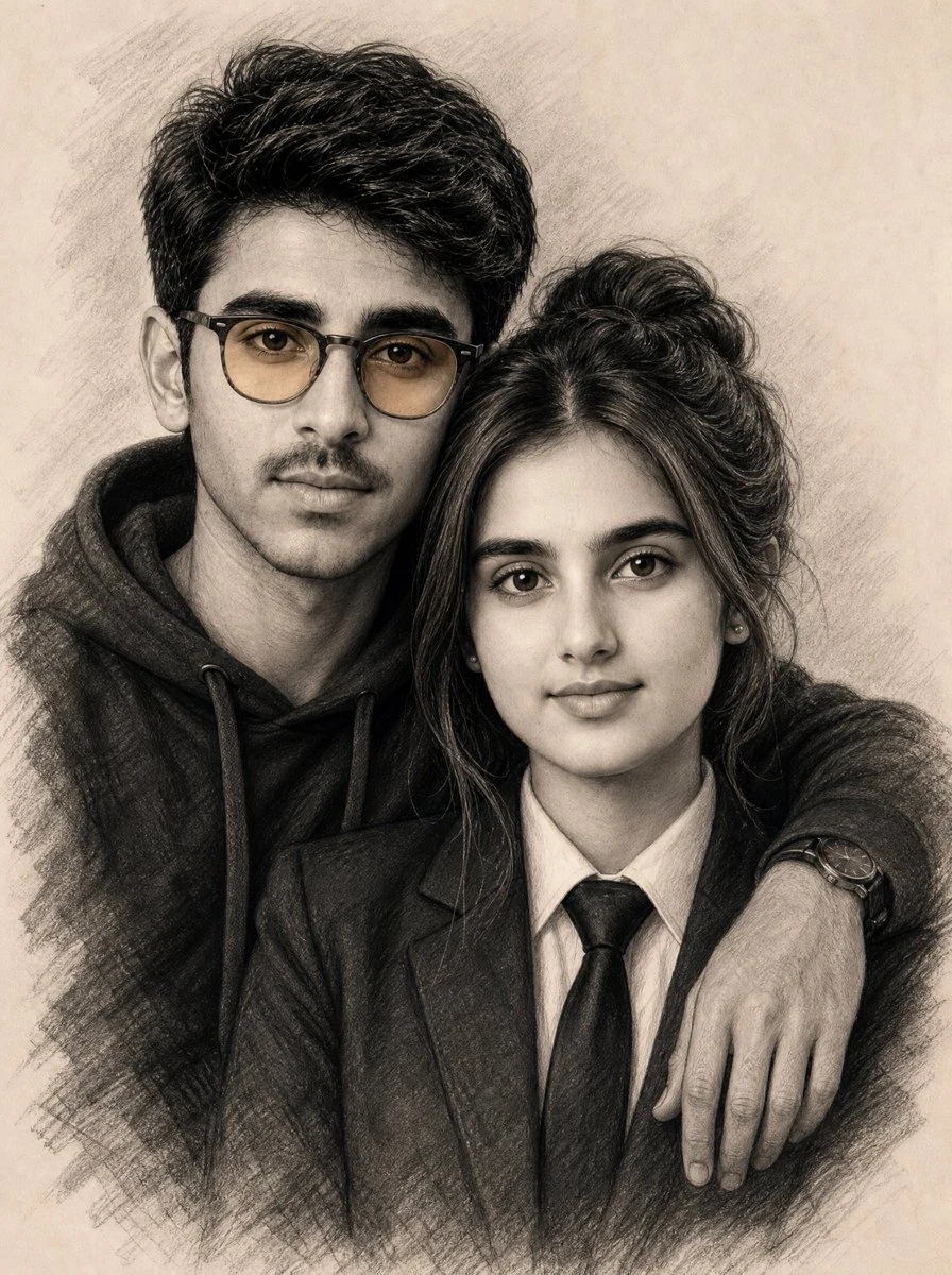 Realistic Charcoal Sketch Couple Portrait portrait visual