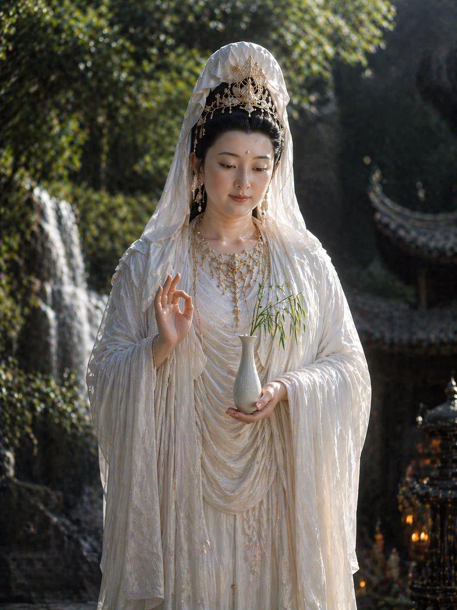 Guanyin is depicted in a serene pose, adorned in flowing white robes, holding a vase and surrounded by lush greenery and soft sunlight