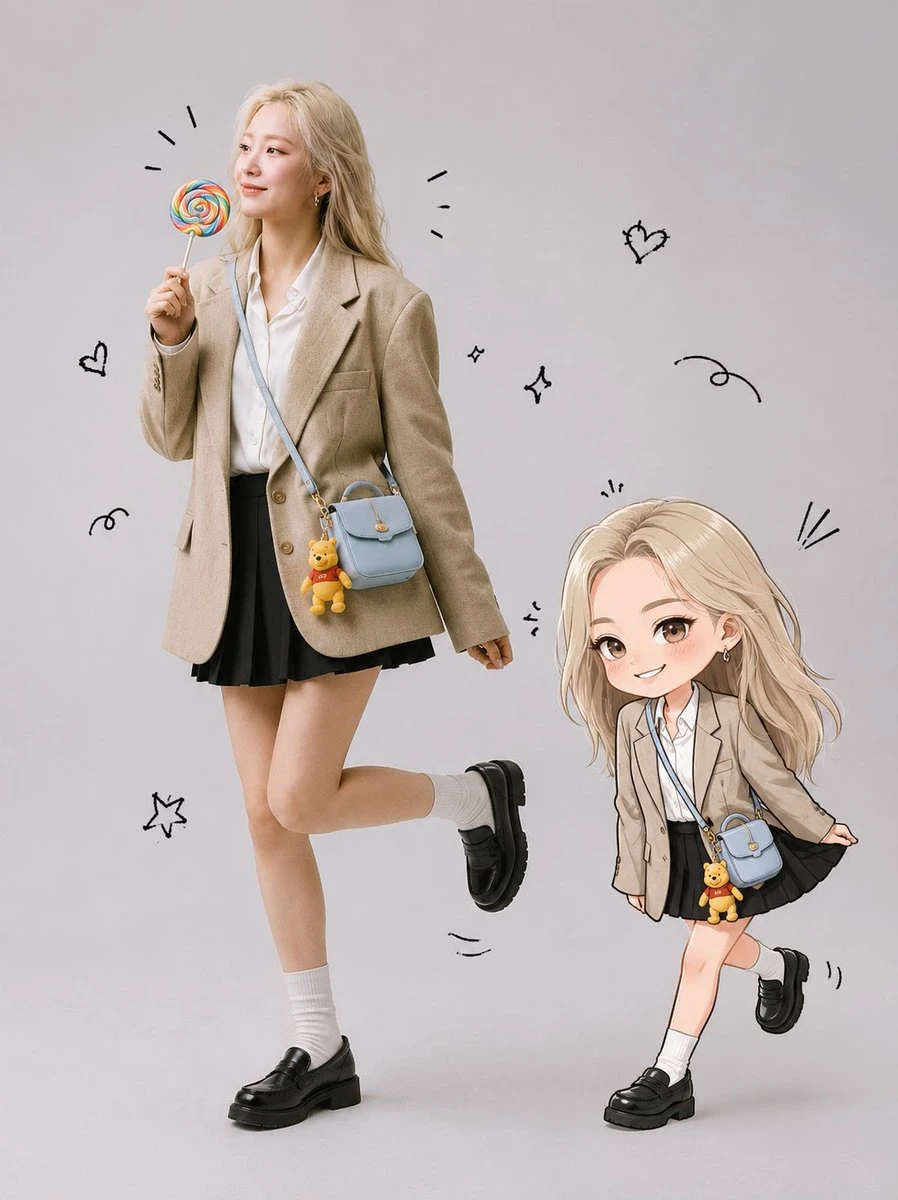 Realistic blonde woman standing beside a matching chibi mini character on a clean studio background