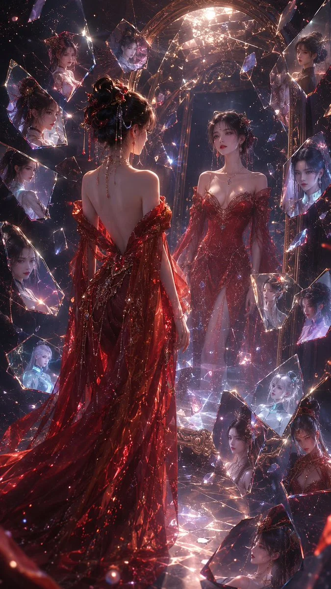 Red Gown Shattered Mirror Portrait portrait GPT Image 2 prompt example