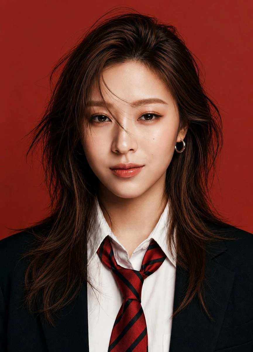 Studio fashion portrait against a vivid red backdrop with polished styling, soft skin detail, and editorial lighting