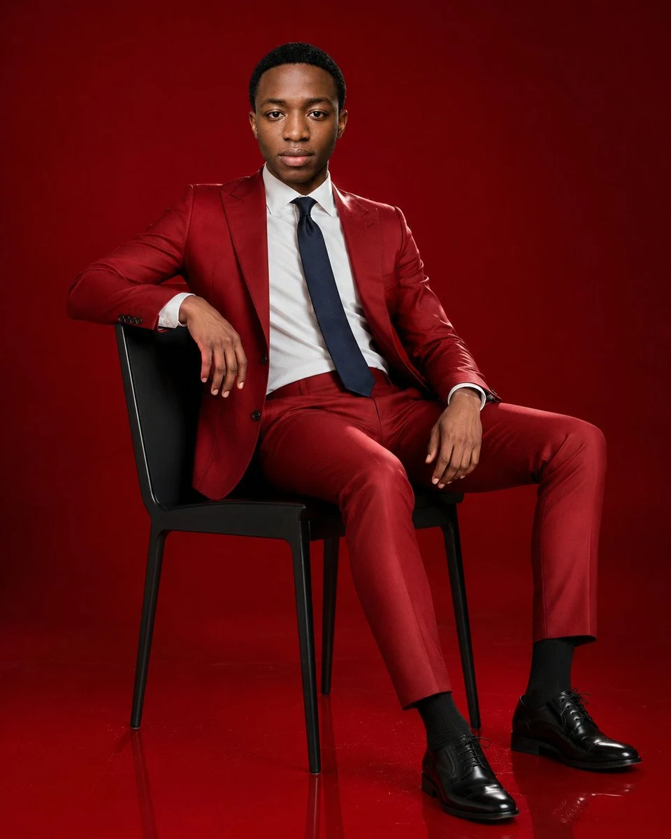 Red Suit Fashion Editorial Portrait ad creative visual
