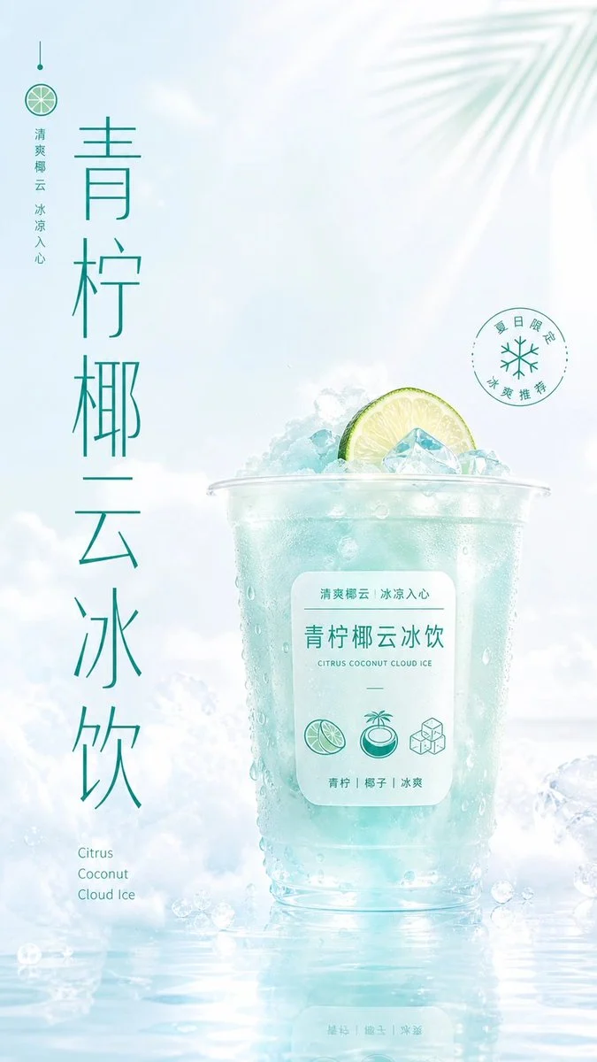 Refreshing Citrus Coconut Cloud Ice Poster: A vertical minimalist beverage advertising poster featuring a translucent iced lime-coconut drink with...