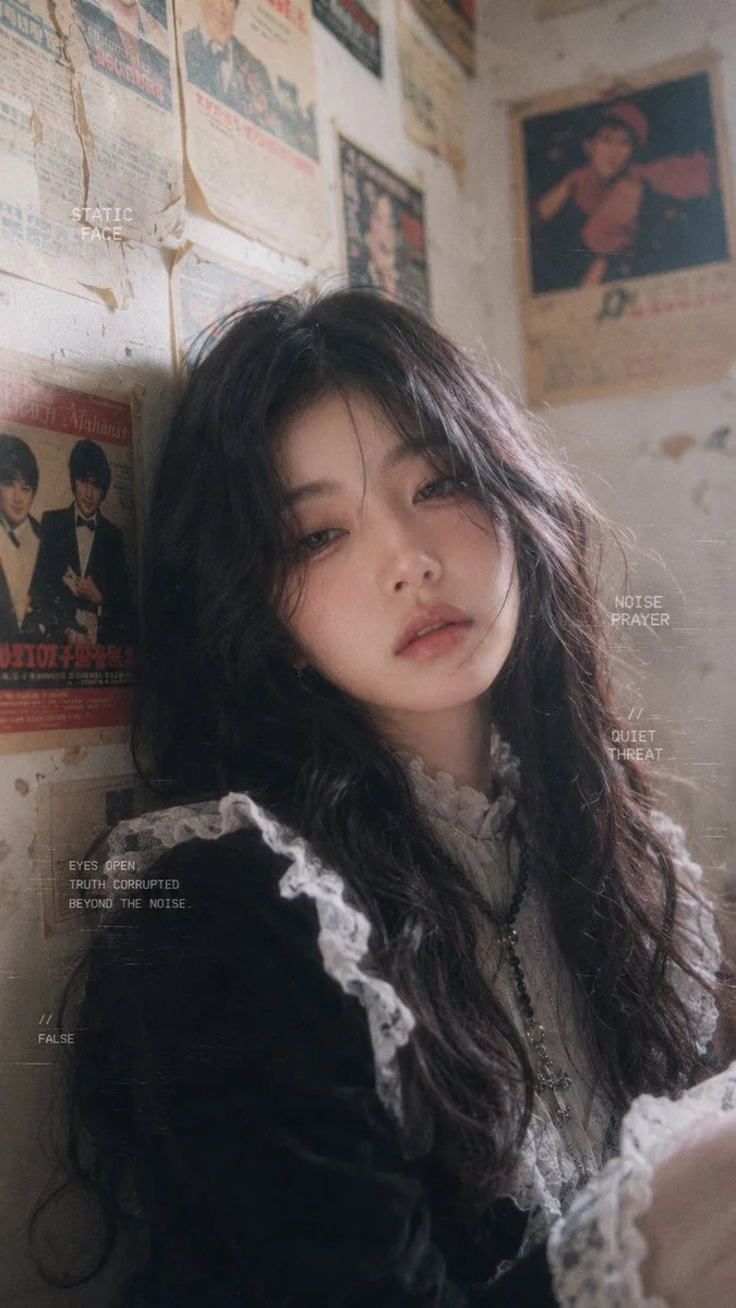 A young woman with long black wavy hair and pale skin leans against a wall adorned with vintage posters, wearing a gothic lolita outfit.