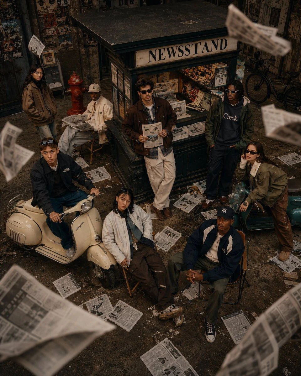 Eight young adults in 90s-inspired streetwear gather around a vintage newsstand, with newspapers flying through a gritty urban setting
