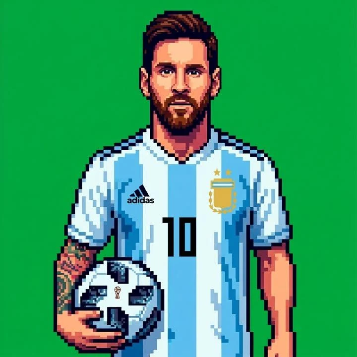 Retro pixel art avatar with large visible pixels, dark outlines, raised glove pose, and flat green background