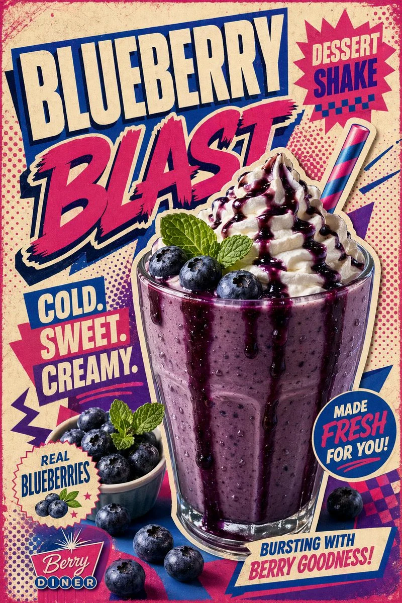 Retro pop-art blueberry shake poster with whipped cream, bold diner typography, halftone dots, and bright magenta-blue color.