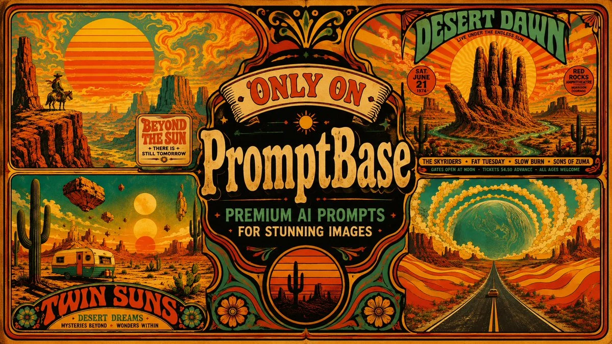 Retro psychedelic desert advertising poster with Southwest collage scenes, vintage typography, and warm aged-print texture.