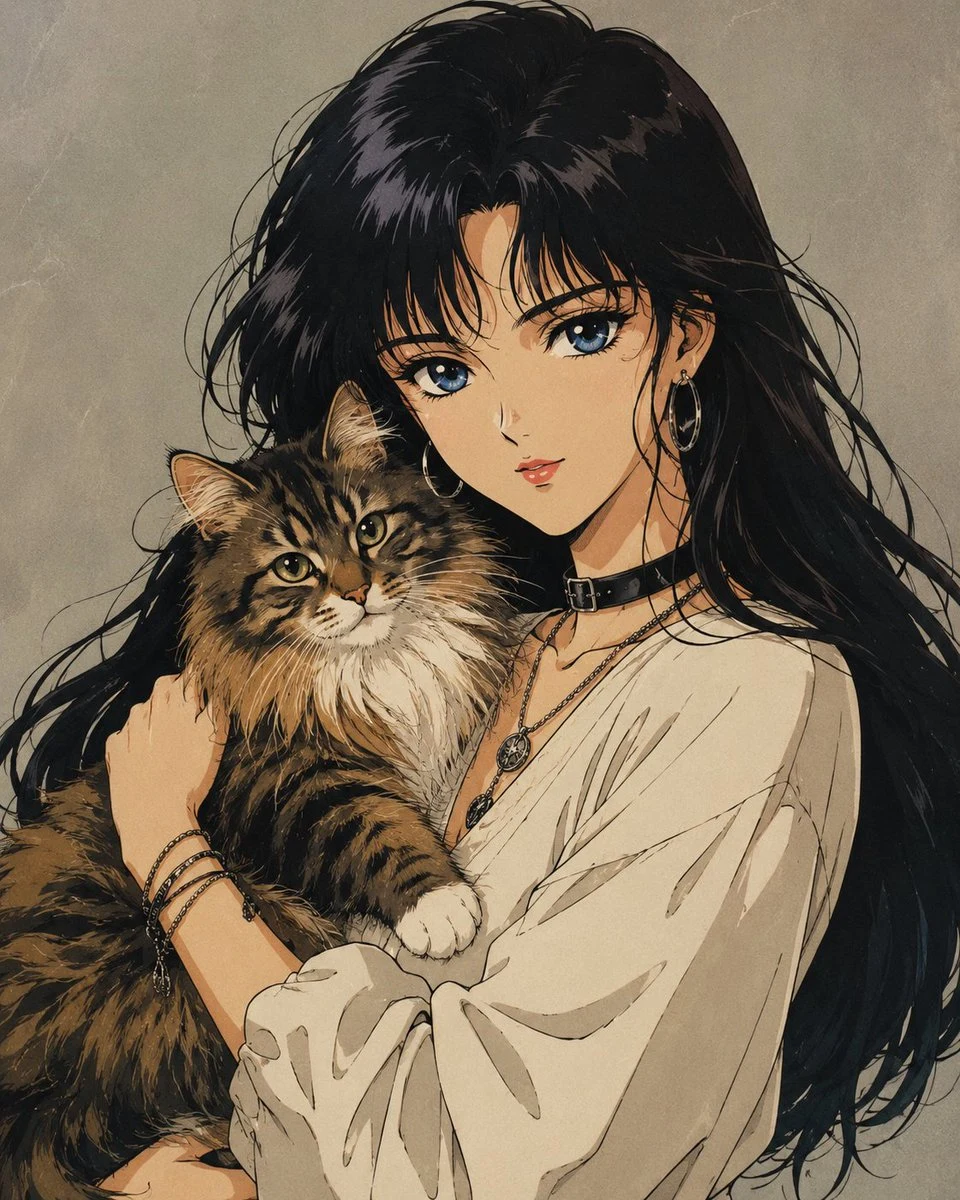 Retro Shoujo Anime Girl with Cat portrait visual