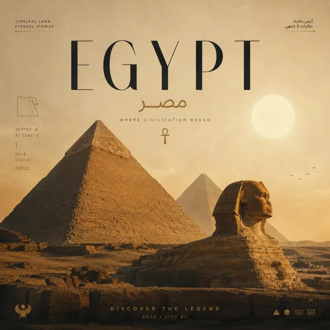 A retro travel poster features the pyramids and Sphinx of Egypt, highlighted by warm tones and minimalist typography