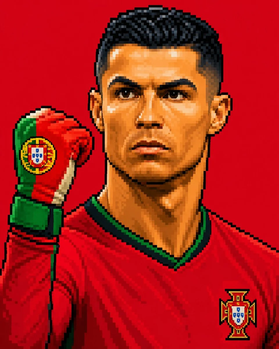 Retro World Cup pixel sprite portrait sheet with national team colors, football details, and vintage game styling