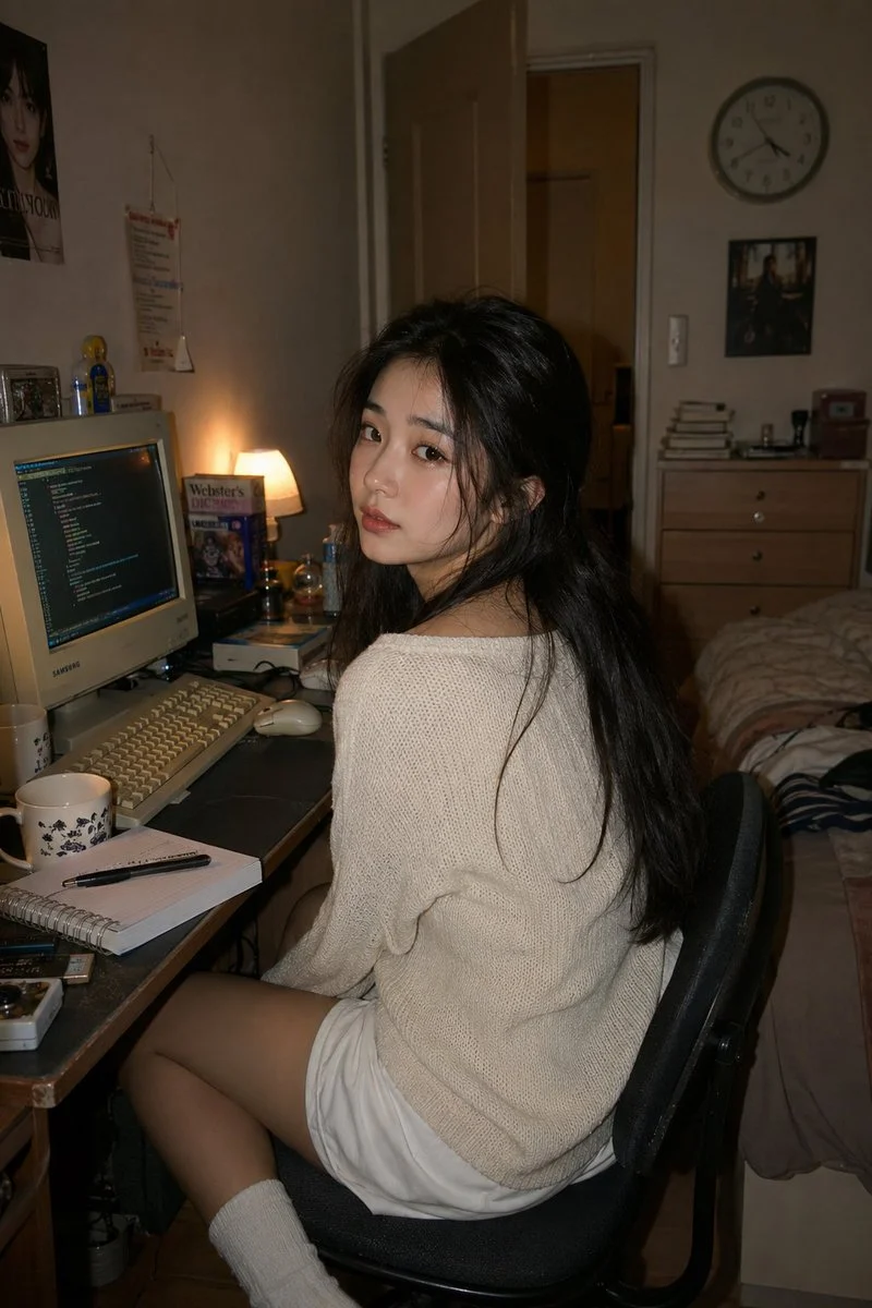 Retro Y2K Computer Workspace Portrait with expressive portrait lighting, detailed styling and a polished editorial mood