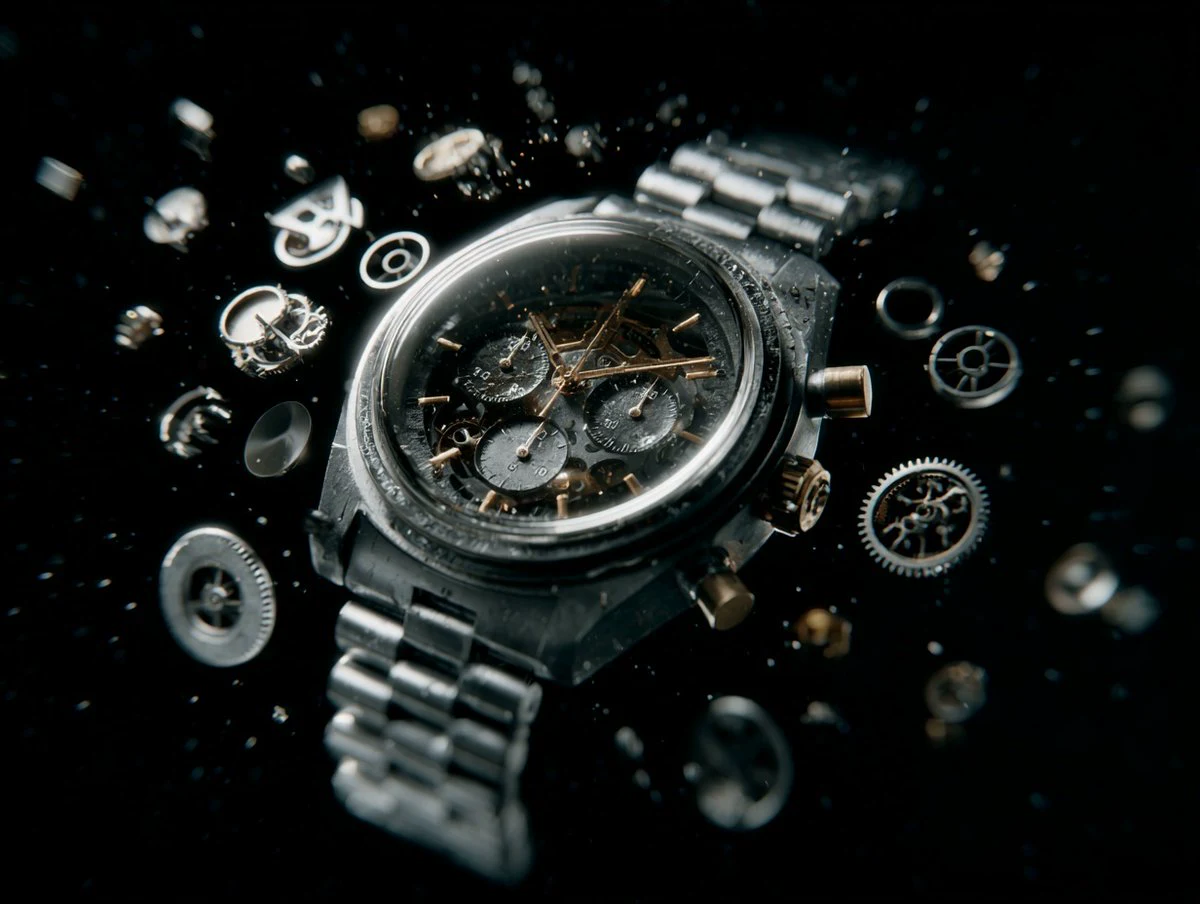Cinematic product VFX ad showing product pieces suspended in midair during reverse assembly on a dark background