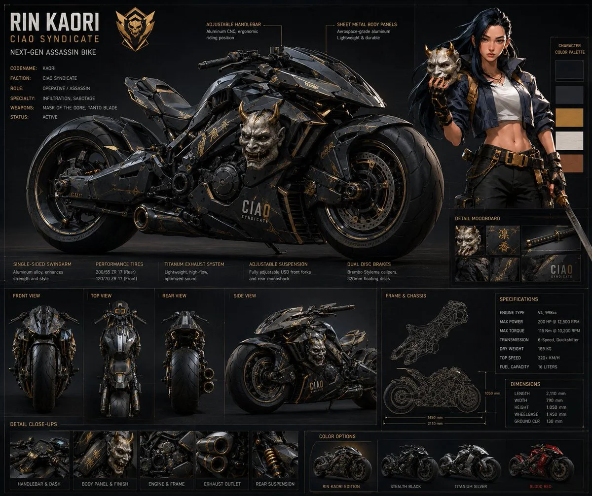 A dark cyberpunk motorcycle concept spec sheet with a female assassin, technical views, moodboard, color variants, and detailed engineering panels