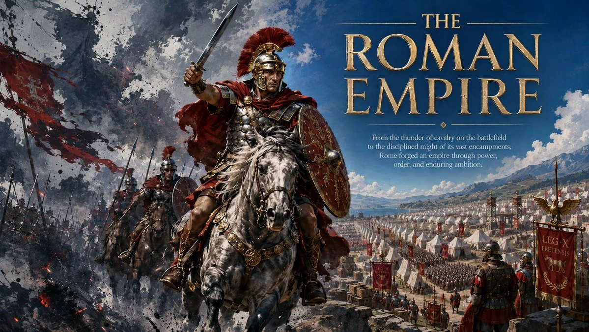 Roman Empire poster blending an armored commander with a grand city and battlefield panorama