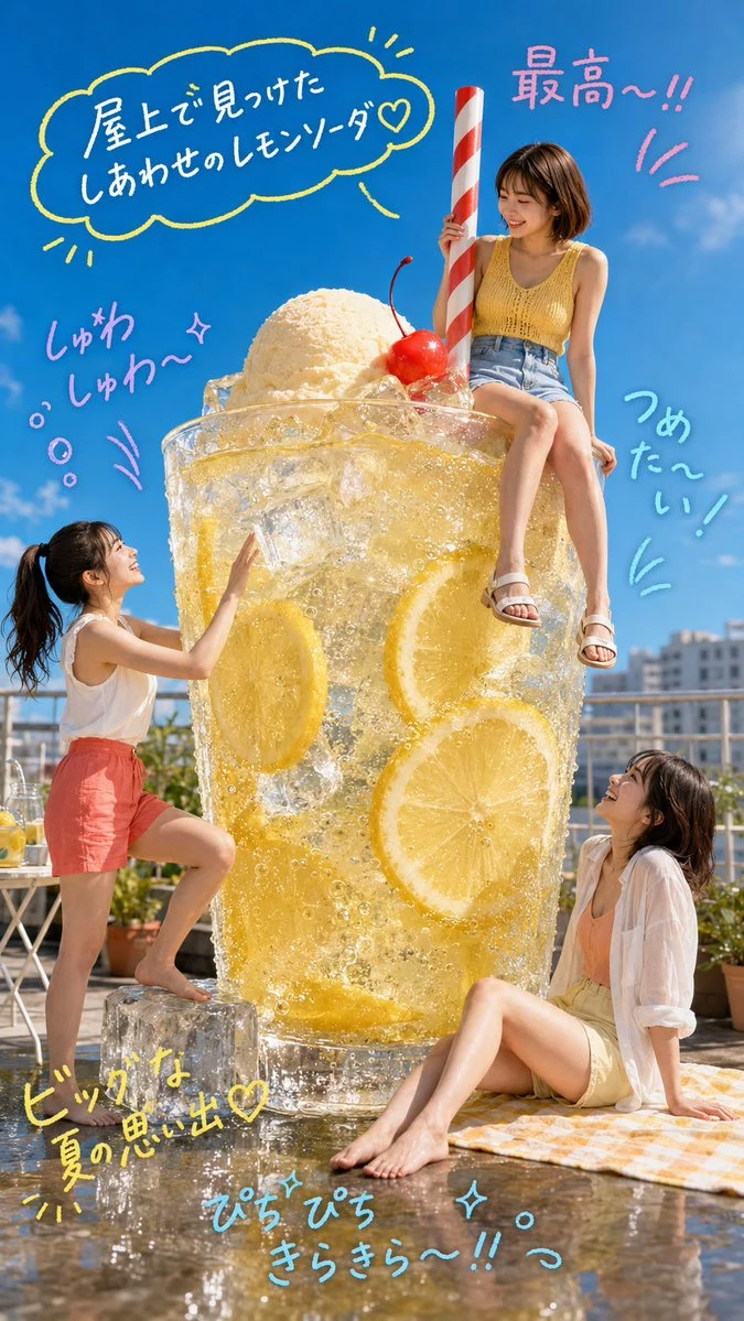 Summer lemon soda advertisement on a rooftop with giant glass, bright doodle notes, and refreshing product styling
