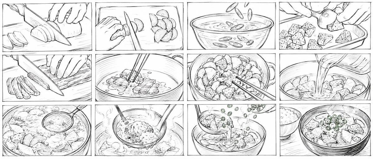 Rough tonjiru cooking storyboard with hand-drawn food preparation panels, kitchen notes, and warm recipe detail