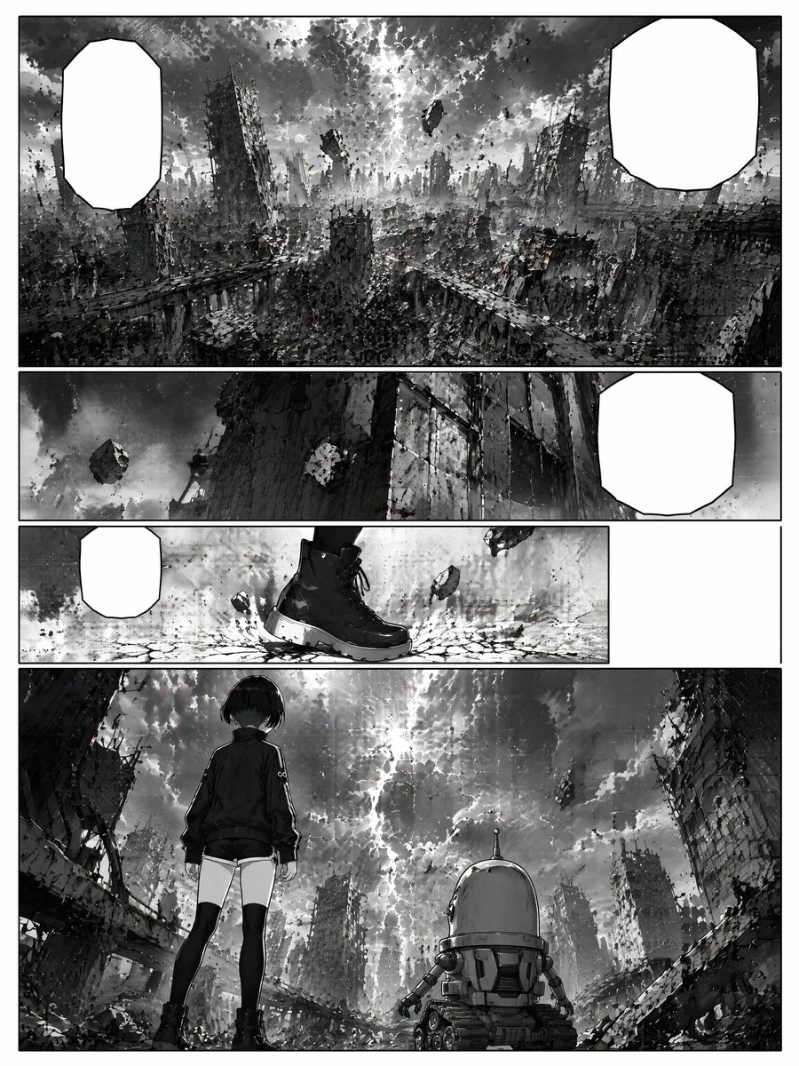 Black-and-white ruined sci-fi manga page with futuristic city wreckage, cinematic panels, and empty dialogue bubbles.