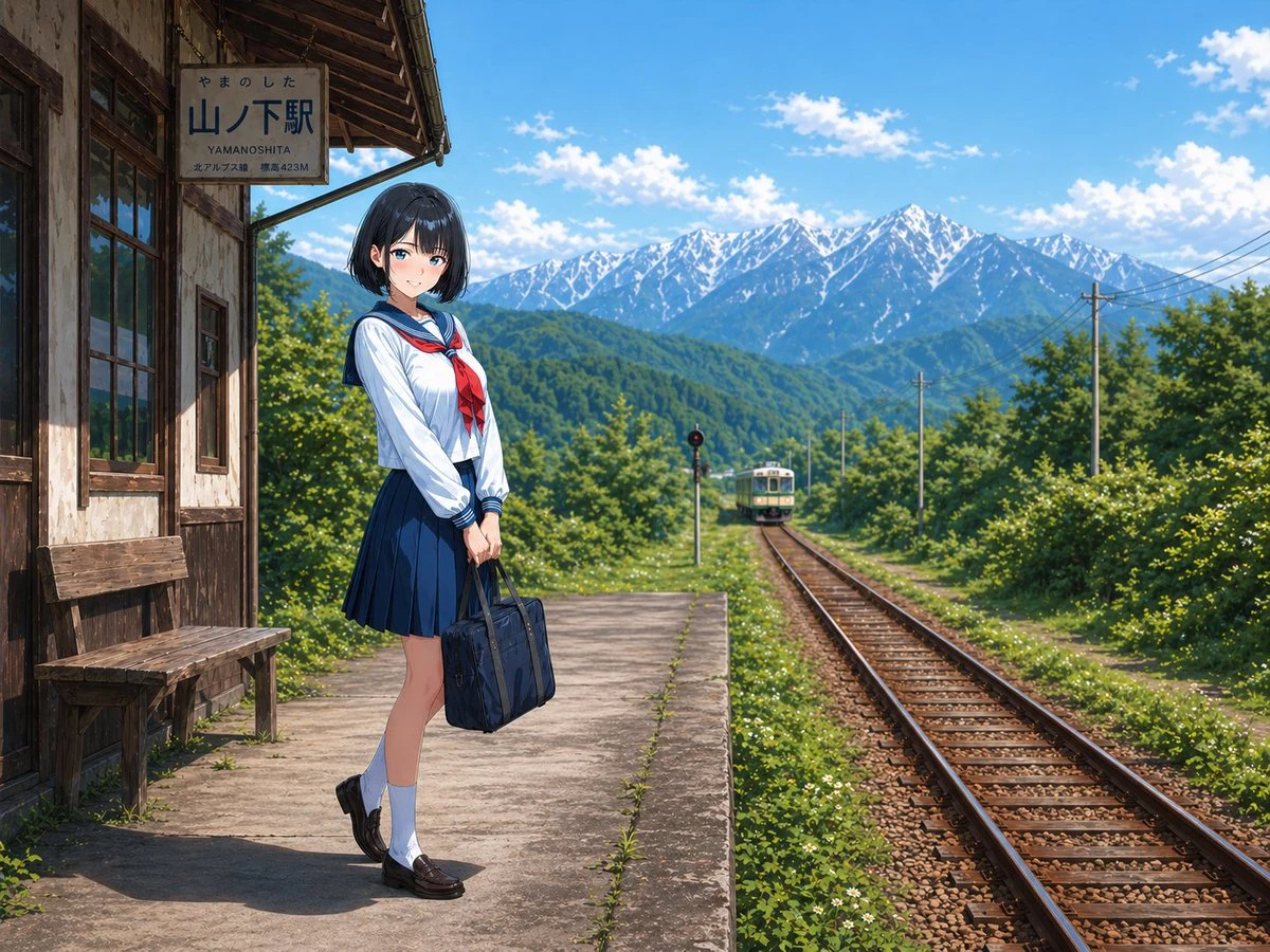 A high school girl in a sailor uniform stands on a rural train station platform, holding a school bag, with mountains in the background