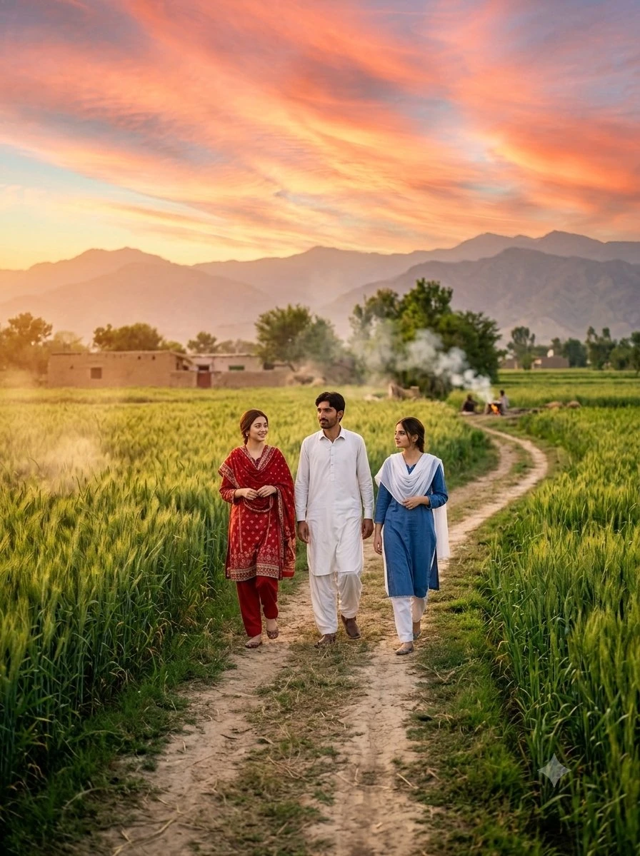 Rural sunset portrait of Pakistani people walking through green fields on a winding dirt path