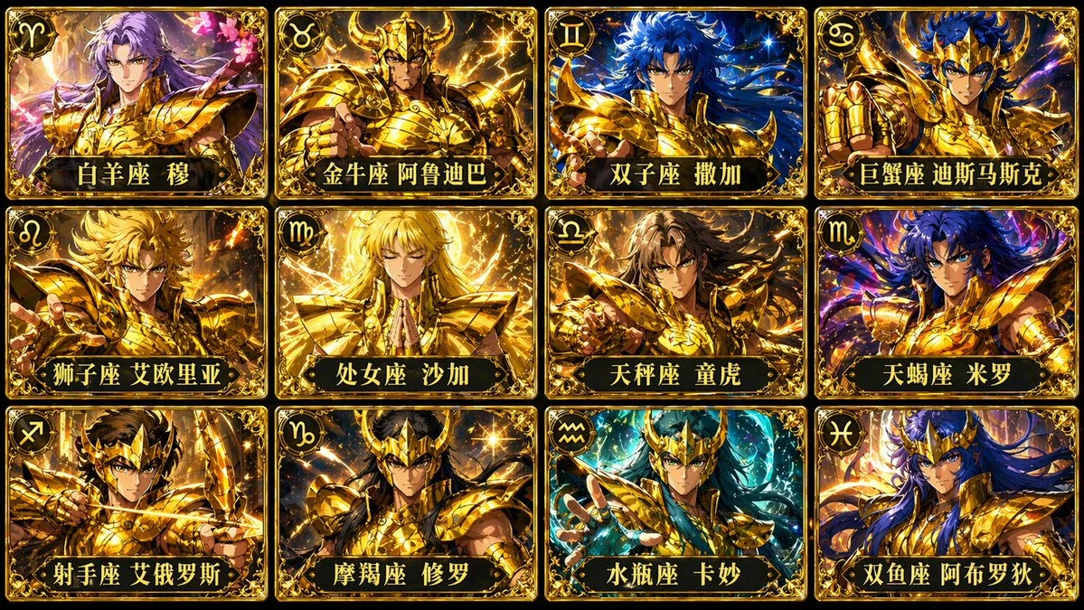 Twelve character cards of the Gold Saints from Saint Seiya, each adorned in golden armor with corresponding Chinese names