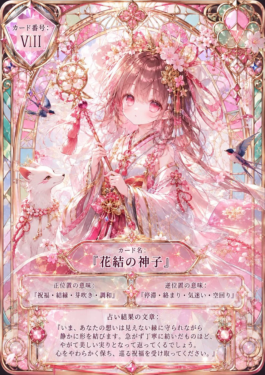 Tarot-card style illustration with sakura divinity theme, ornate frame, mystical character art, and delicate pink blossoms.