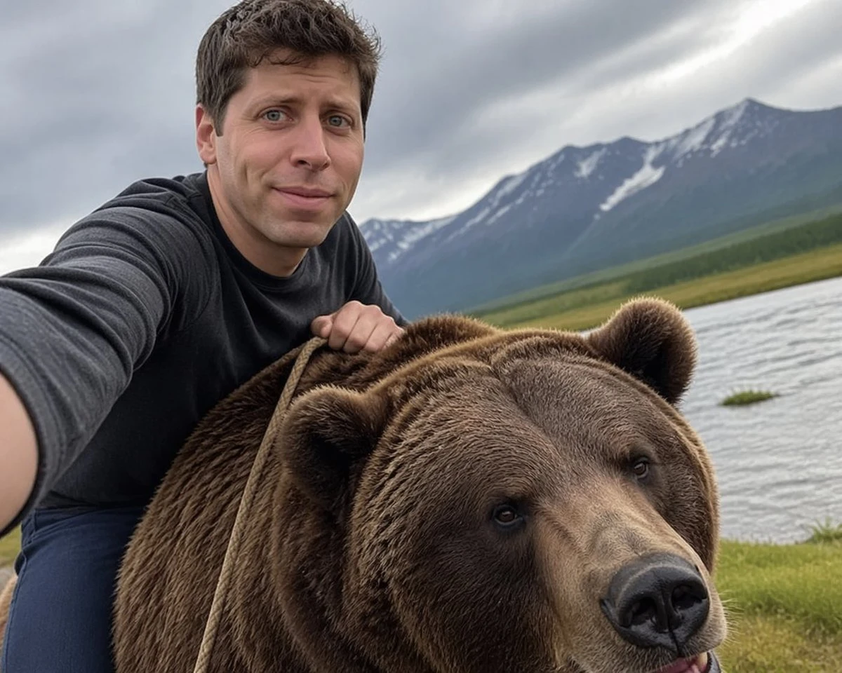 A man takes a selfie while riding a bear, showcasing the animal's detailed fur against a backdrop of mountains and water